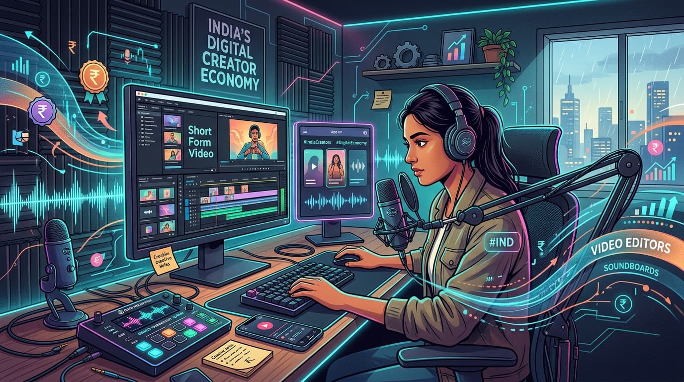 Illustration for the article: The Rise of India’s Creator Economy: How Free Micro-Platforms & Audio Tools Are Powering Viral Video Editors in 2026